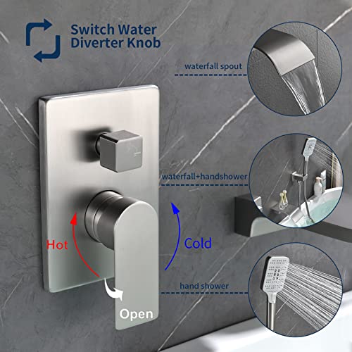 DIFEINI Tub Filler Faucet with Hand Shower Bath Tub Faucets with Rough-in Valve Trim Kit Wall Mounted Waterfall Bathtub Faucets Brushed Nickel - Image 4