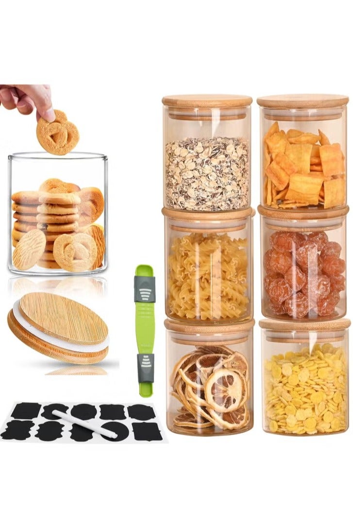 TYCOM Glass Jars Set 8cm*10cm (6 Packs), Food Storage Containers for Kitchen, Spice jars With Labels, Marker and spoons, Wood Lid Round 6p.