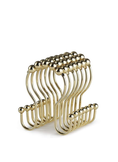 Shower Curtain Hooks, 12 Pcs Shower Curtain Rings, Stainless Steel Roller Rust-Resistant Balance Sliding Anti-Drop Double Shower Hooks for Curtain Bathroom Shower Curtains (Gold)