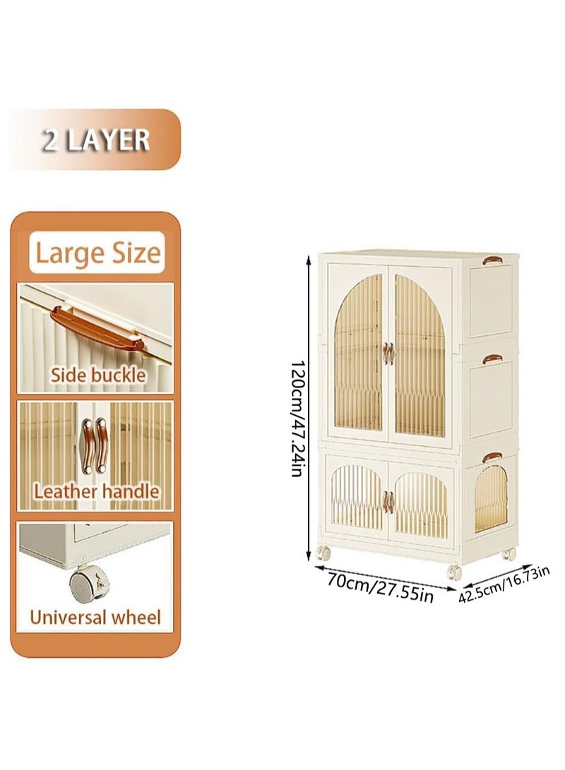 Generic Foldable Storage Bins Stackable Storage Box Organizer Plastic Folding Stoarge Wardrobe Cabinet with Doors and Wheels for Home Bedroom Dormitory Baby Clothes Snacks Toys Books (120x70x42.5cm Beige)  - Image 2