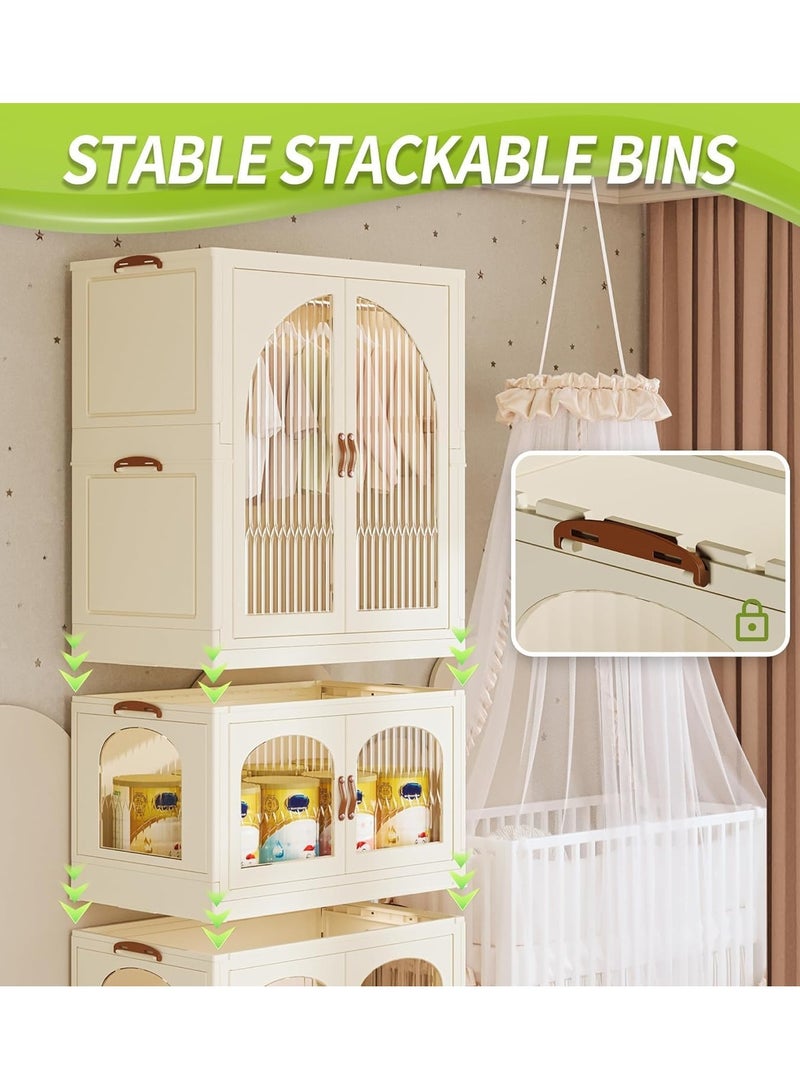 Generic Foldable Storage Bins Stackable Storage Box Organizer Plastic Folding Stoarge Wardrobe Cabinet with Doors and Wheels for Home Bedroom Dormitory Baby Clothes Snacks Toys Books (120x70x42.5cm Beige)  - Image 4