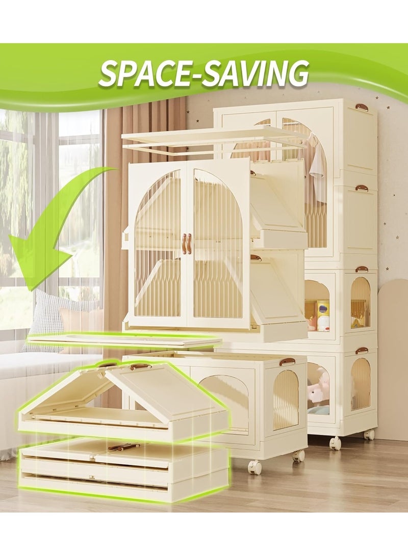 Generic Foldable Storage Bins Stackable Storage Box Organizer Plastic Folding Stoarge Wardrobe Cabinet with Doors and Wheels for Home Bedroom Dormitory Baby Clothes Snacks Toys Books (120x70x42.5cm Beige)  - Image 3