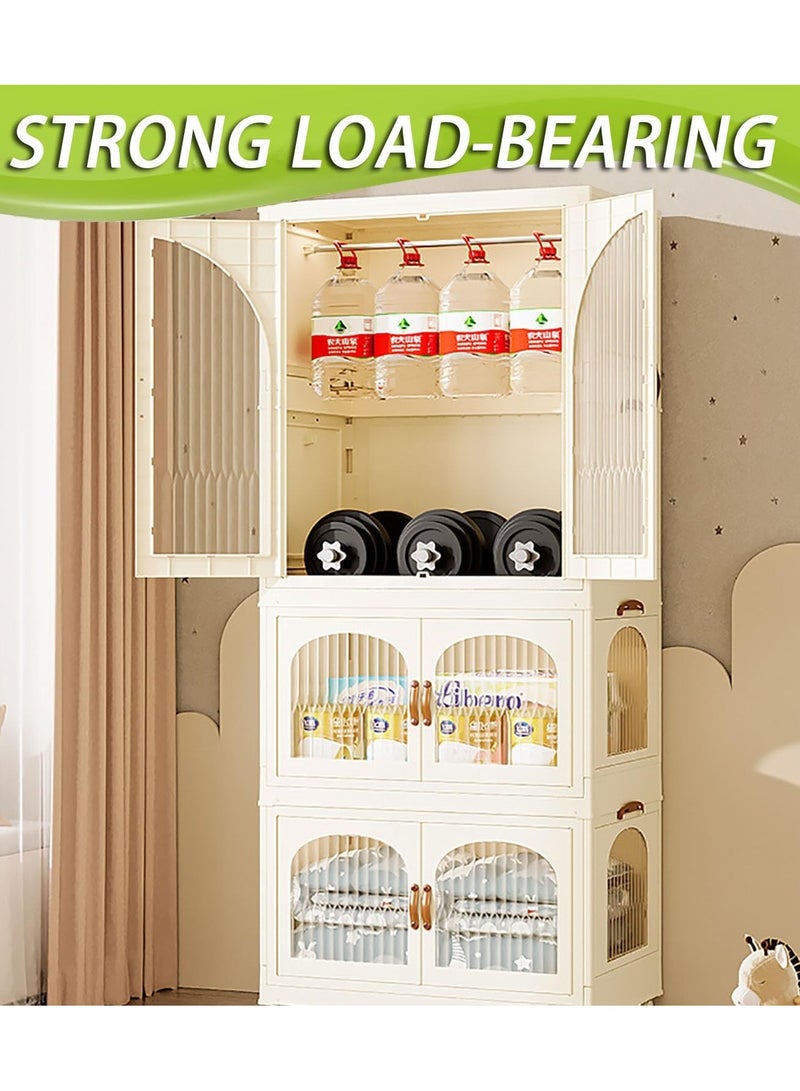 Generic Foldable Storage Bins Stackable Storage Box Organizer Plastic Folding Stoarge Wardrobe Cabinet with Doors and Wheels for Home Bedroom Dormitory Baby Clothes Snacks Toys Books (120x70x42.5cm Beige)  - Image 5