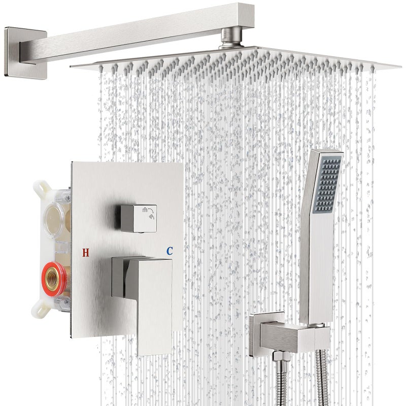 IUERASD Shower Faucet Set with Shower Head, Wall Mount 10 Inch Square Rainfall Shower Head and Handle Set Single Handle Shower System Set with Female Threads Valve Body and Trim Included(Brush Nickel) - Image 1