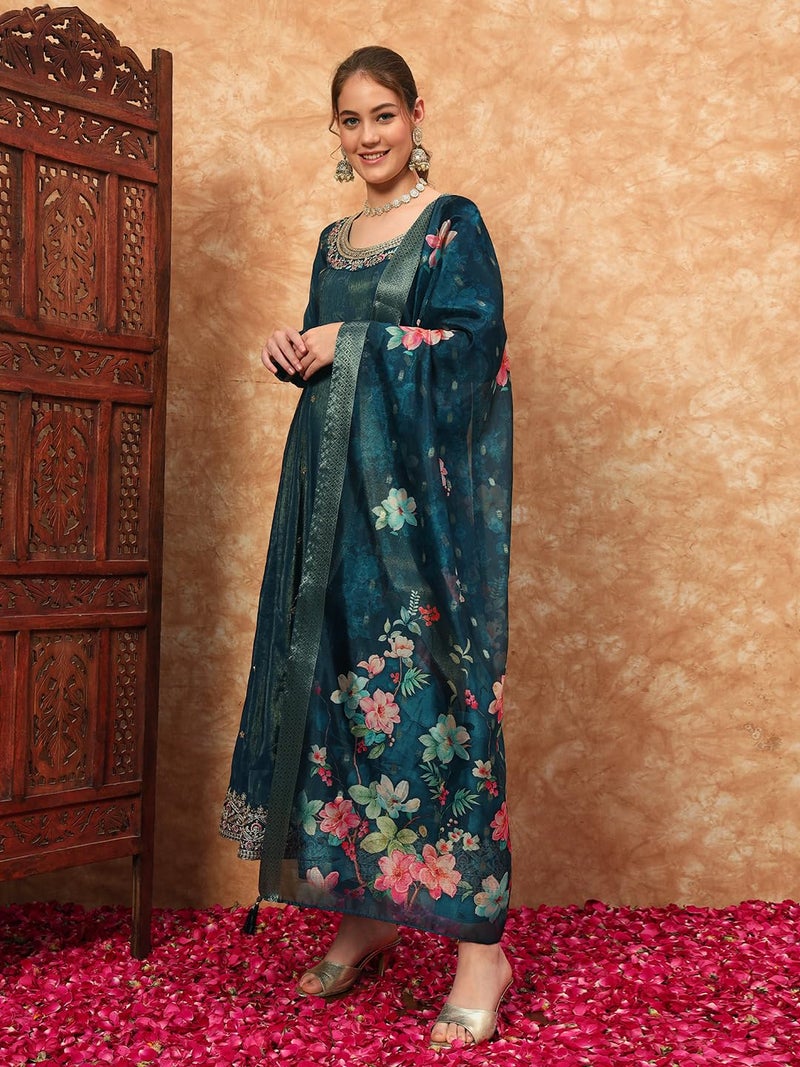 SHOPPING QUEEN Women's Silk Embroidered Kurta, Pyjama & Dupatta Set (A602_Prussian Blue_S) - Image 3