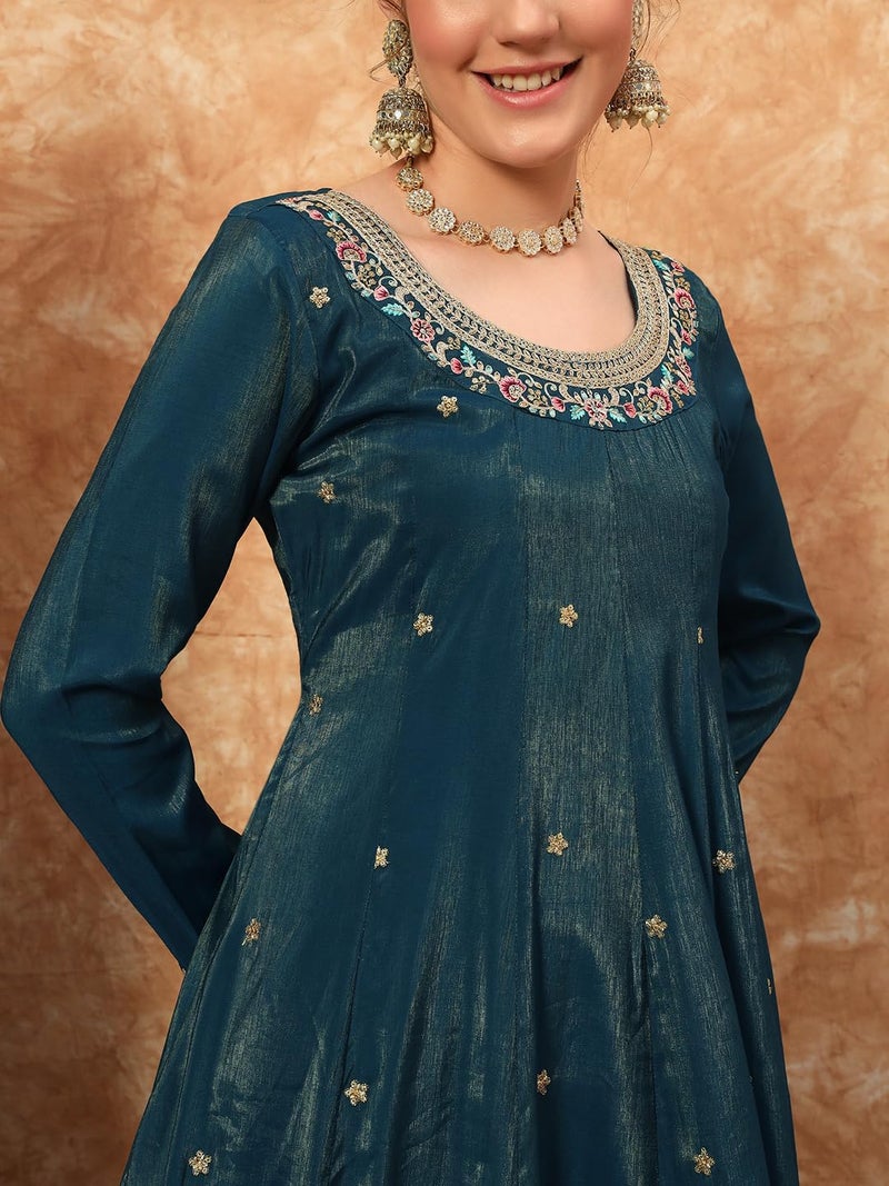 SHOPPING QUEEN Women's Silk Embroidered Kurta, Pyjama & Dupatta Set (A602_Prussian Blue_S) - Image 4