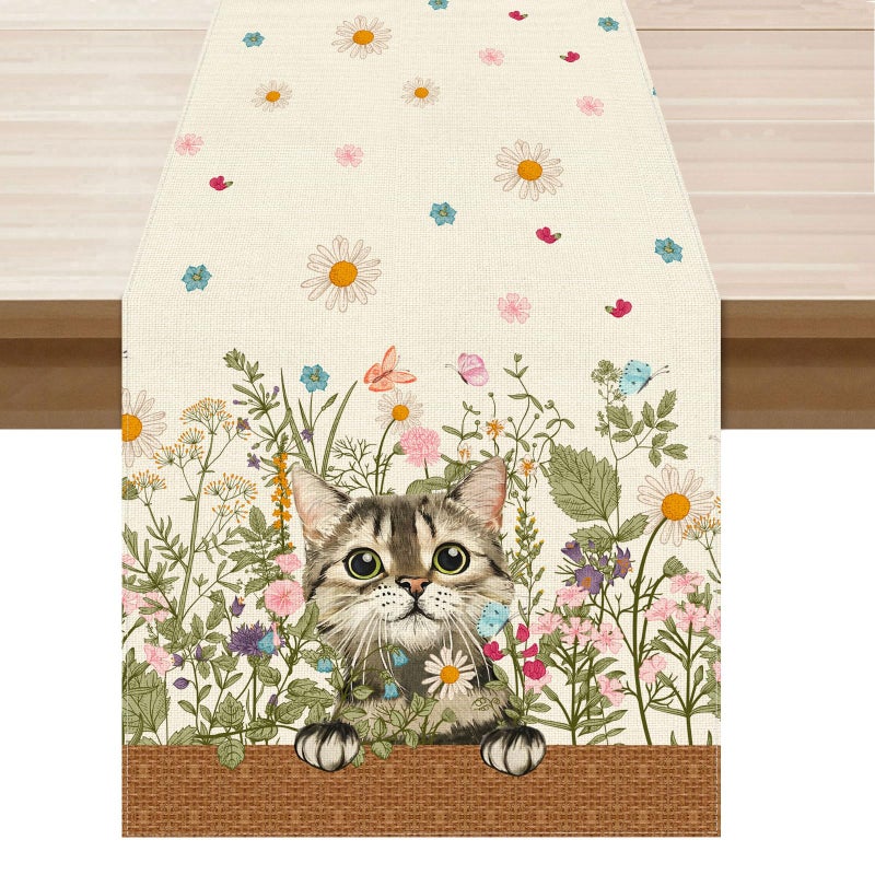 XCHI Wildflowers Cat Daisy Spring Table Runner Summer Table Decoration for Party Home Kitchen Dining Holiday Decor 13x72 Inch - Image 1