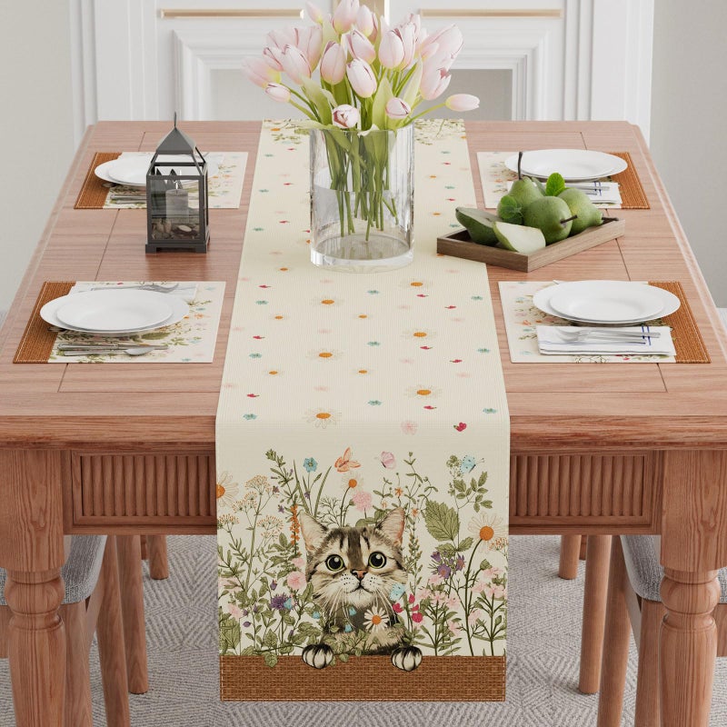 XCHI Wildflowers Cat Daisy Spring Table Runner Summer Table Decoration for Party Home Kitchen Dining Holiday Decor 13x72 Inch - Image 2