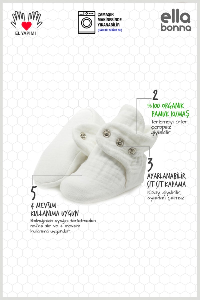 Ella Bonna Organic Cotton Muslin Baby Booties, Newborn Slippers.krem  - Image 5