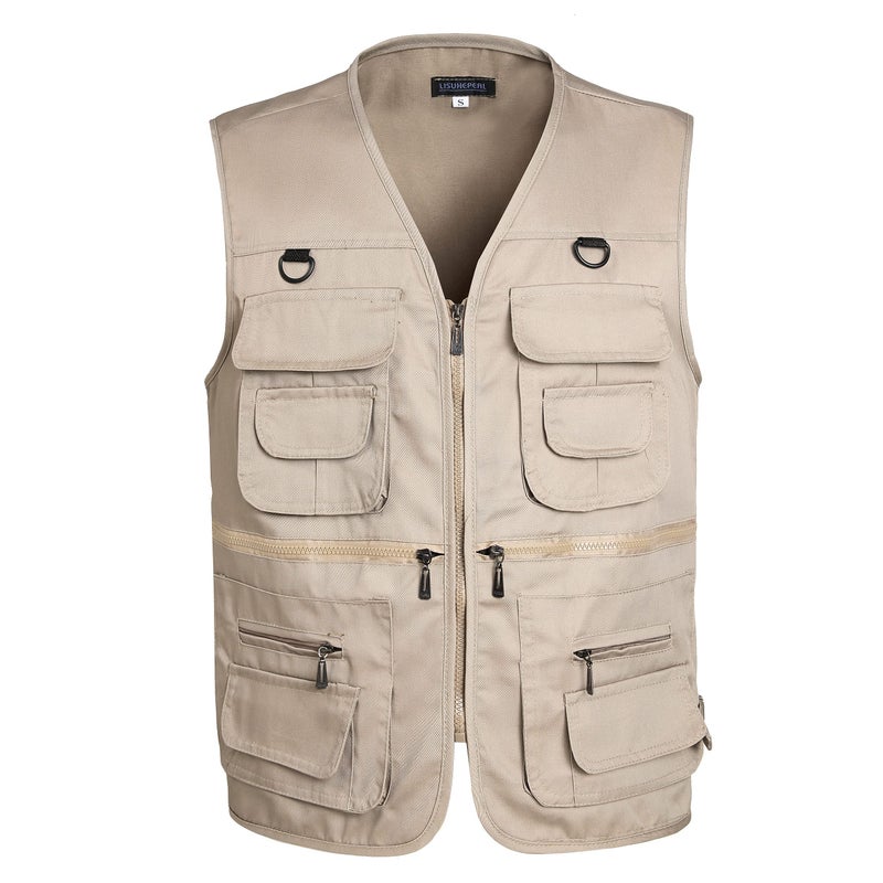 LISUHEPEAL Mens Fishing Vest Summer Outdoor Work Safari Travel Photo Khaki Vests with Multi Zipper Pockets For Men S18Khaki XXL - Image 2