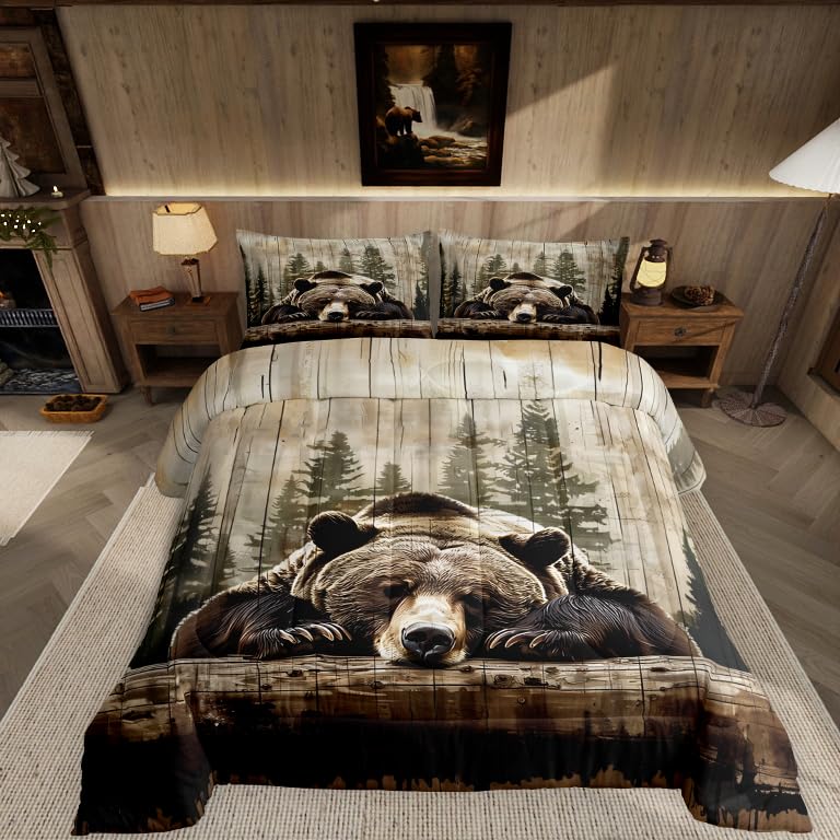 Feelyou Grizzly Bear Comforter Set King Size Wild Animal Hunting Quilt Set with 2 Pillowcases Rustic Cabin Farmhouse Bedding Set 3pcs for Kids Boys Teens Room Decor Western Country Duvet Insert - Image 1