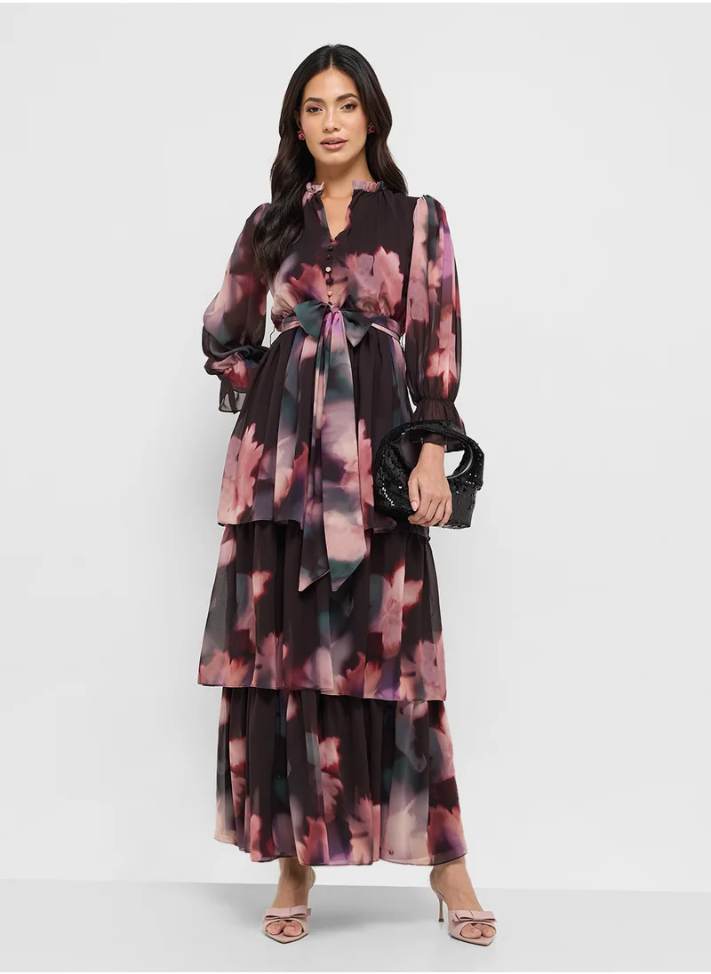 Frock and Frill Printed Ruffle Detail High Neck Maxi Dress