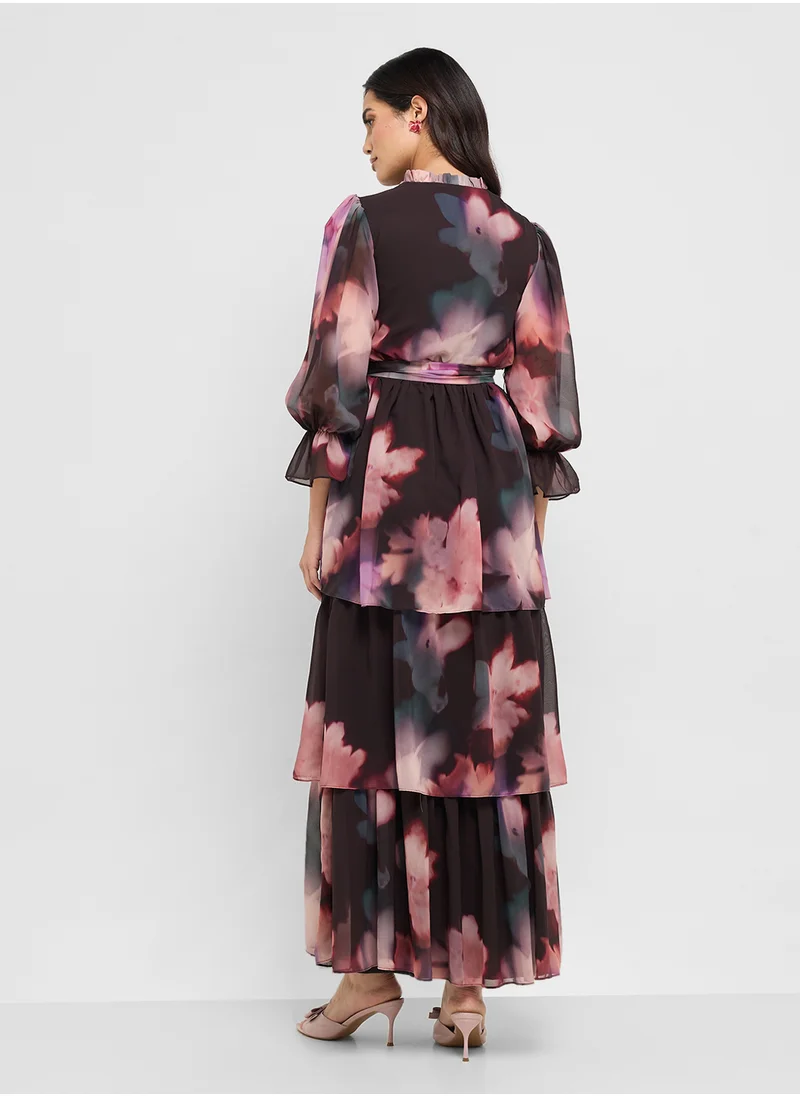 Frock and Frill Printed Ruffle Detail High Neck Maxi Dress