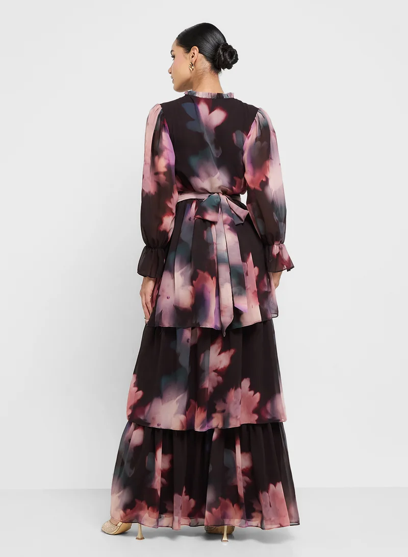 فروك اند فرل Printed Ruffle Detail High Neck Maxi Dress