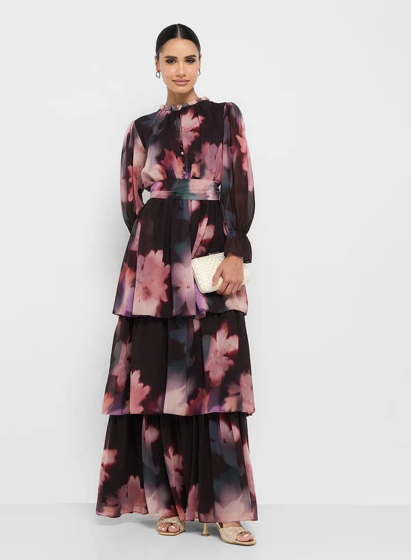 فروك اند فرل Printed Ruffle Detail High Neck Maxi Dress