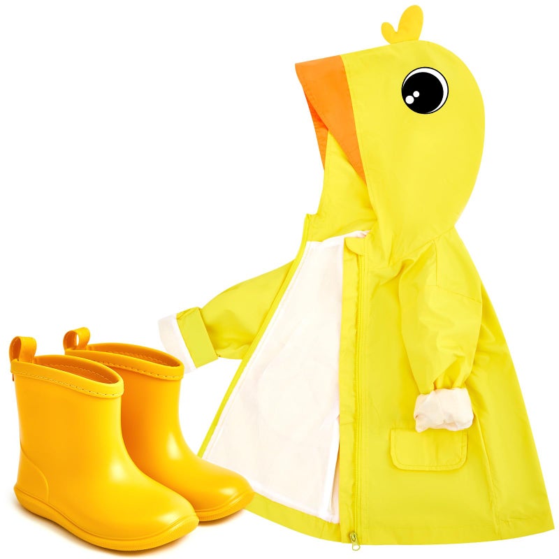 Twistover 2 Pcs Toddler Raincoat Rain Boots Set Kids Baby Cartoon Hoodie Zipper Jacket Short Rain Shoes for Little Boys Girls(3 T,Yellow Duck) - Image 1