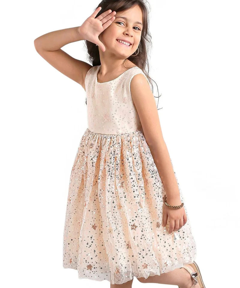 babyhug Babyhug Sleeveless Sequins Detailing Party Frock - Off White