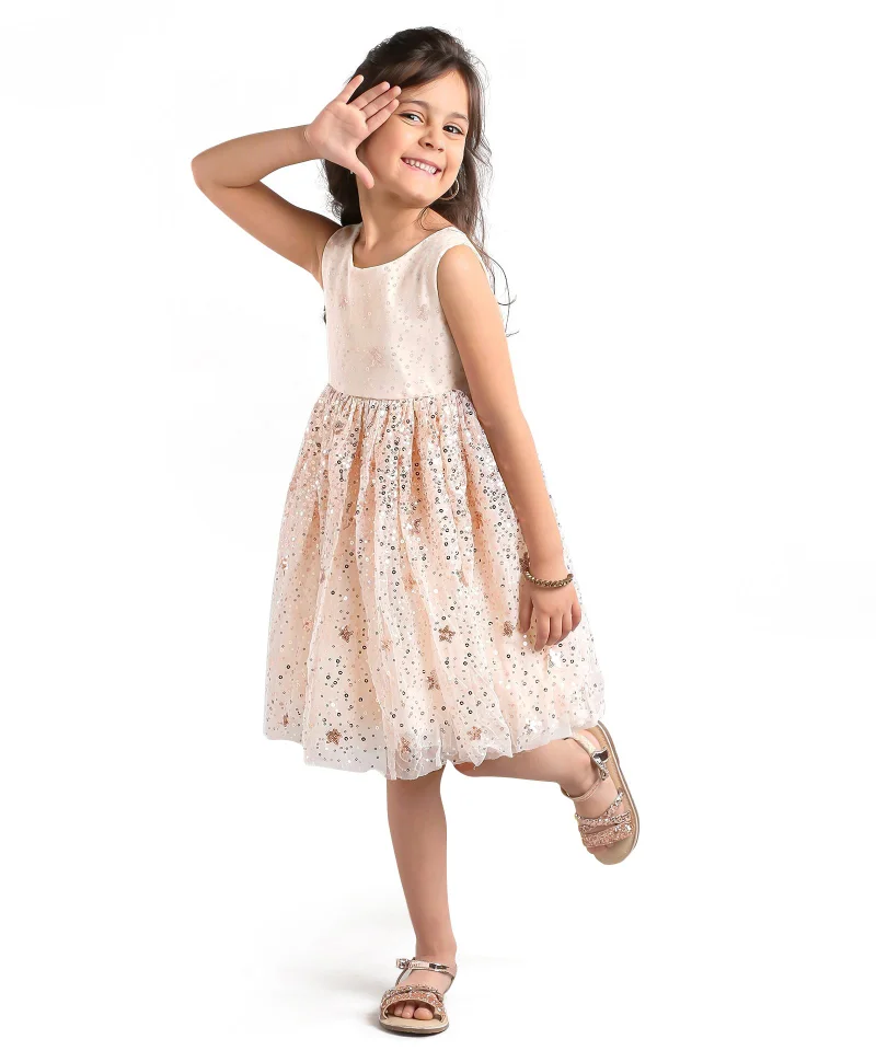 babyhug Babyhug Sleeveless Sequins Detailing Party Frock - Off White
