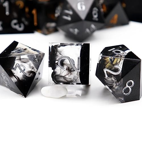 Haxtec Sharp Edge DND Dice Set Black Swirls Resin Dice with Dice Case DD Dice for RPG Role Playing Games Compatible with Dungeons and Dragons Gifts - Image 1