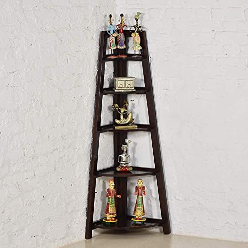 CRAFT D ARTS Wooden Corner Ladder Shelf for Living Room| Wooden | Decorative 5 Tier Ladder Bookcase Shelf for Home & Office | Sheesham Wood, Walnut Finish (5 Tier) - Image 2