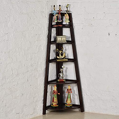 CRAFT D ARTS Wooden Corner Ladder Shelf for Living Room| Wooden | Decorative 5 Tier Ladder Bookcase Shelf for Home & Office | Sheesham Wood, Walnut Finish (5 Tier) - Image 1