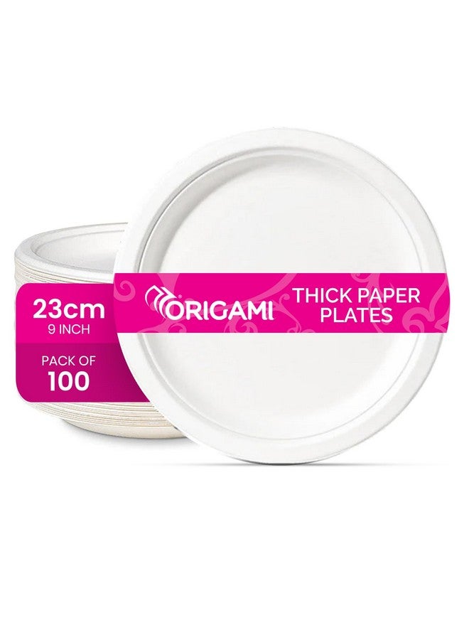 Origami 9 Inches Round Disposable Bagasse Thick Paper Plates | Eco Friendly & Biodegradable Sugarcane Paper Plates | Perfect for Parties, Picnics & Festive Occasions - Pack of 100 Pcs - Image 1