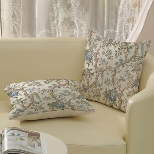 GOLIANDA Blue Green Floral Bird Pillow Covers 20x20 Set of 2 Chinoiserie Throw Pillows Green Vintage Flowers Bird Decorative Pillow Cases Outdoor Chinoiserie Decor Farmhouse Cushion Case for Couch Sofa - Image 4