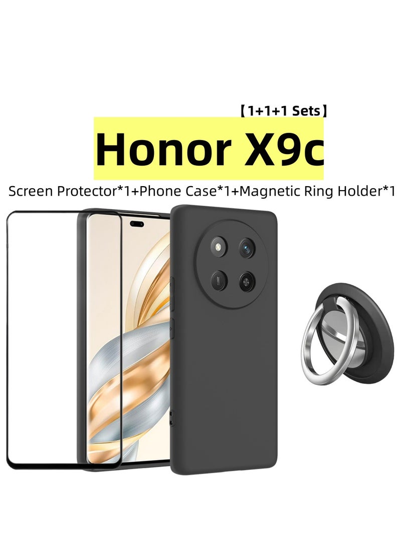Generic 【1+1+1 Sets】for Honor X9c Case & Screen Protector & Magnetic Ring Holder Frosted Pudding Material TPU Cover with Tempered Glass Screen Protector,Ring Holder Suitable for Car Magnetic Attraction  - Image 1