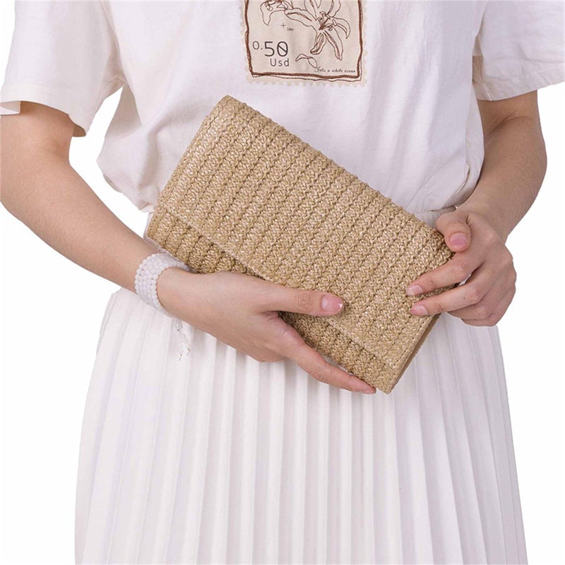 Tellrain Natural Straw Flat Clutch Women 2026 Boho Purse Top Handle Crossbody Handbag Stylish Woven Envelope Wallet Evening - Image 2