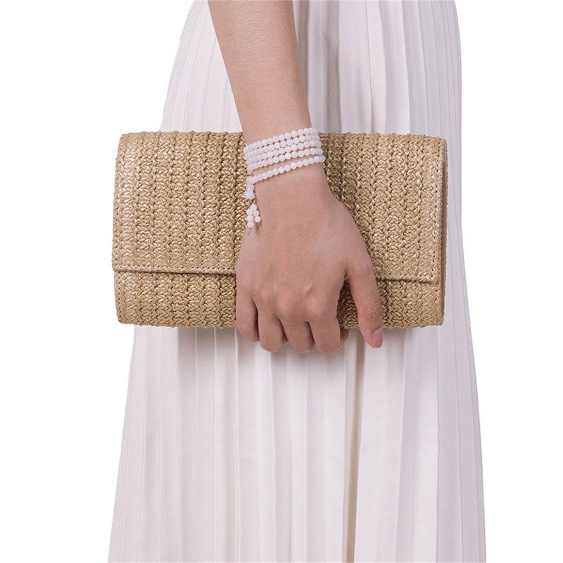 Tellrain Natural Straw Flat Clutch Women 2026 Boho Purse Top Handle Crossbody Handbag Stylish Woven Envelope Wallet Evening - Image 3