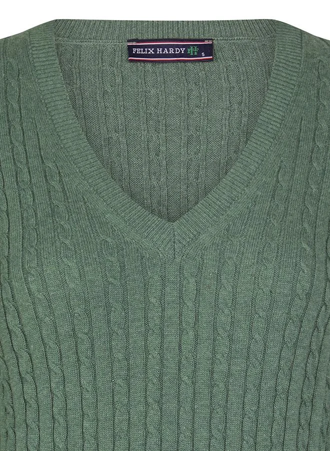 FELIX HARDY Green V-Neck Cable Knit Pullover for Women | Best Price UAE
