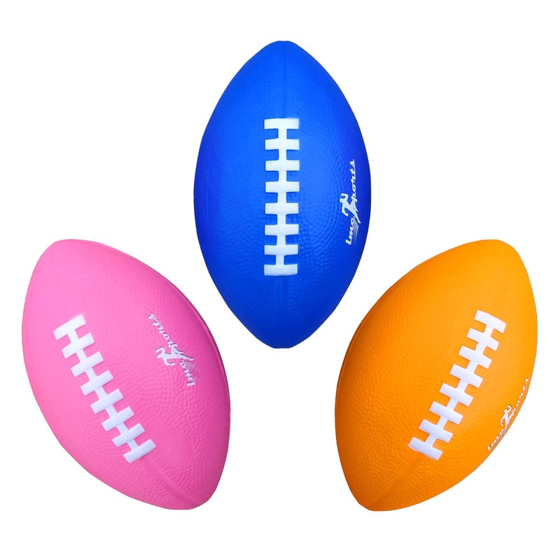 LMC Products Foam Football 725 Kids Footballs Soft Small Balls for Kids Toddler Mini Football 3 Pack Pink Orange Blue - Image 3