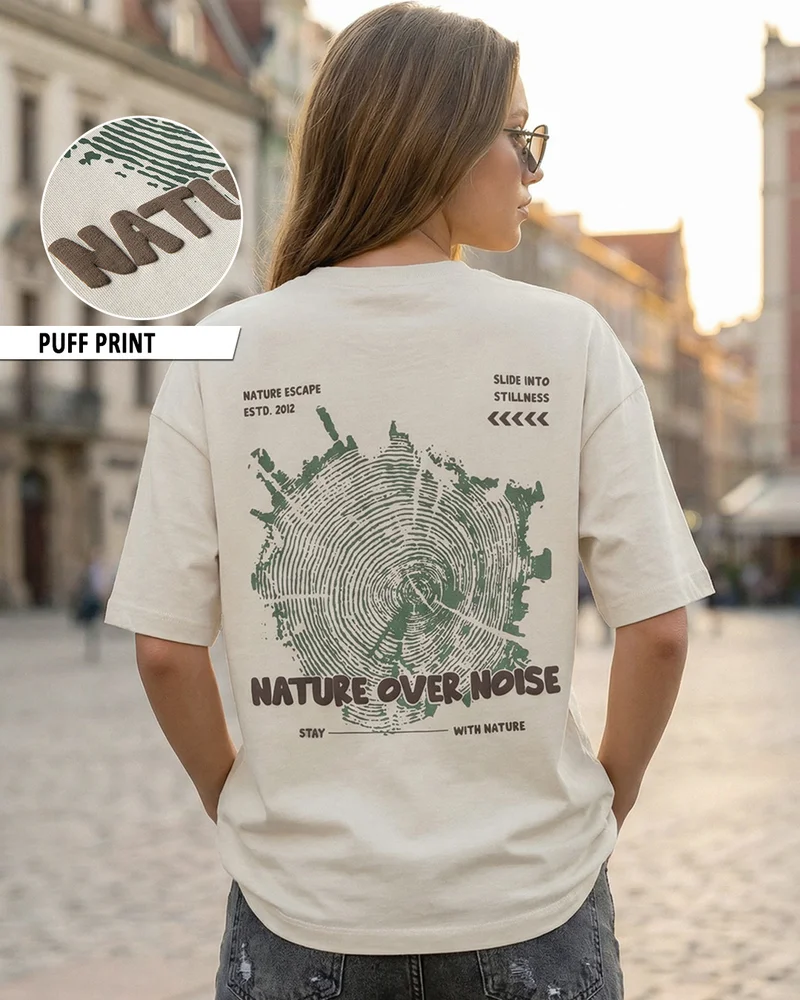 Women's Beige Nature Over Noise Graphic Printed Oversized T-shirt