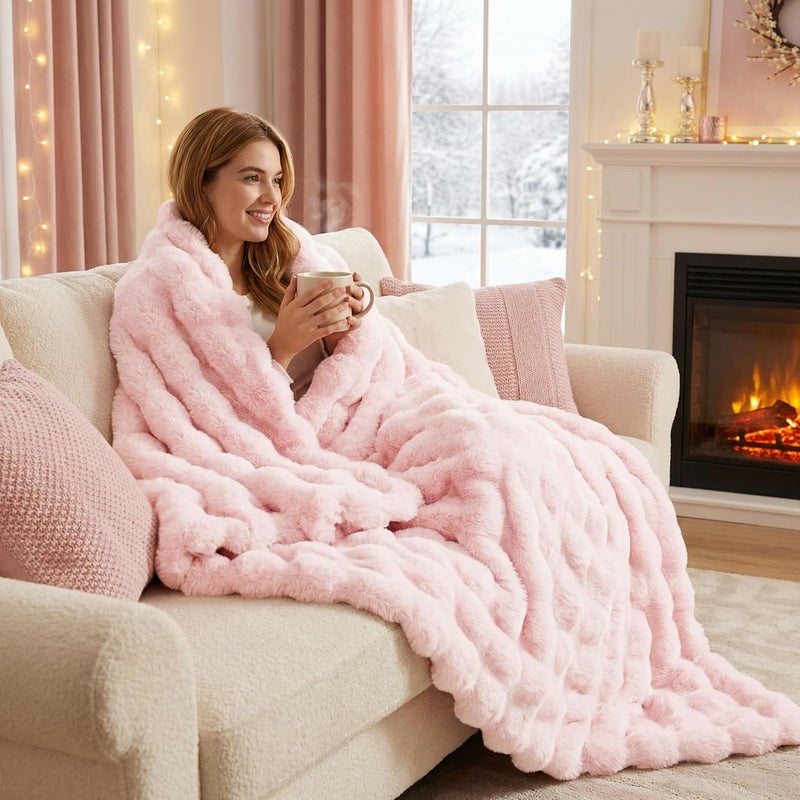 DREAMNINE Soft Faux Bubble Rabbit Fur Blanket Twin Size, Thick Cozy Decorative Warm Fuzzy Fur Blanket for Bed Couch Sofa Chair Bedroom Living Room Dorm Gift, 60 * 70 Inches, Pink - Image 2