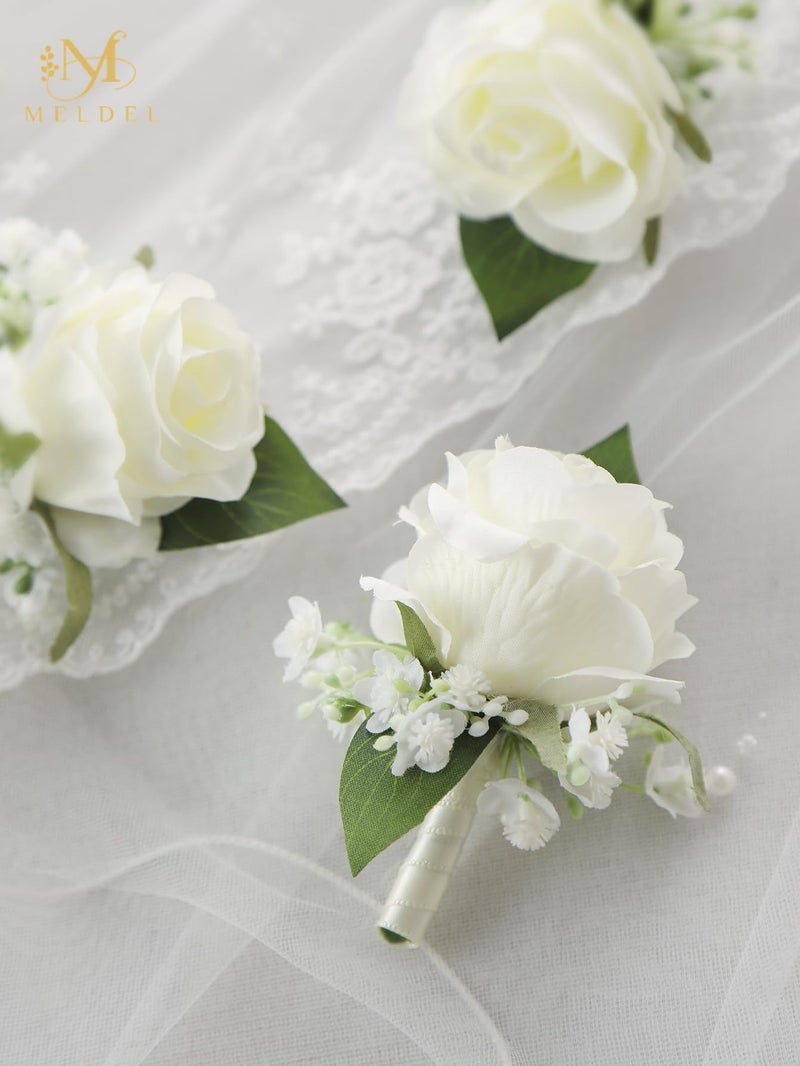 Meldel White Boutonniere for Men Wedding,Set of 6,Groomsmen Groom and Best Man Boutonniere for Wedding Prom, Rose Boutonniere for Men Wedding Ceremony Anniversary Party Homecoming - Image 4