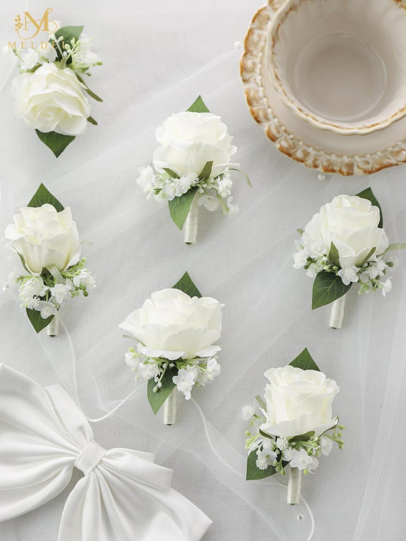 Meldel White Boutonniere for Men Wedding,Set of 6,Groomsmen Groom and Best Man Boutonniere for Wedding Prom, Rose Boutonniere for Men Wedding Ceremony Anniversary Party Homecoming - Image 2