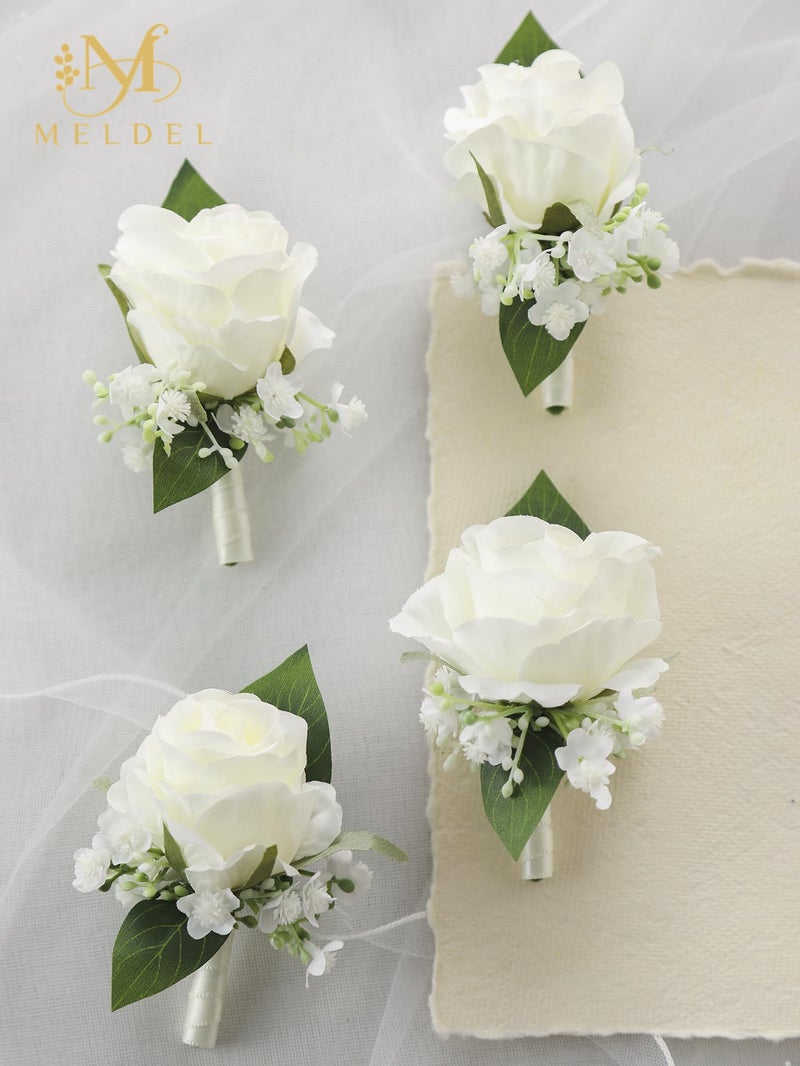 Meldel White Boutonniere for Men Wedding,Set of 6,Groomsmen Groom and Best Man Boutonniere for Wedding Prom, Rose Boutonniere for Men Wedding Ceremony Anniversary Party Homecoming - Image 3