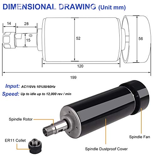 MYSWEETY CNC Spindle, MYSWEETY 500W Air Cooled 0.5kw Milling Motor and Spindle Speed Power Converter and 52mm Clamp and 13pcs ER11 Collet for DIY Engraving - Image 2
