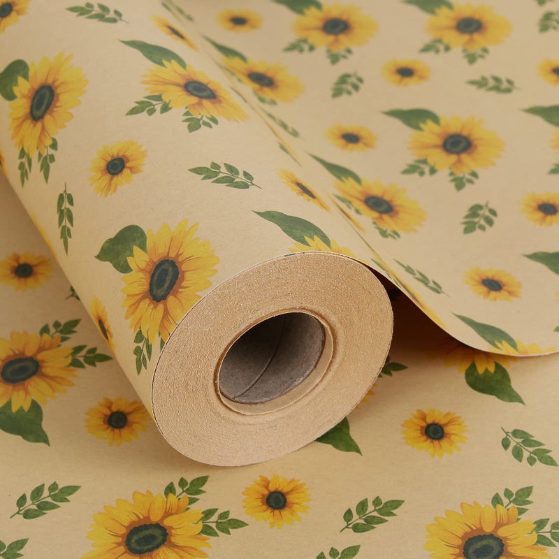 Aimyoo Kraft Floral Wrapping Paper Jumbo Roll All Occasion Sunflower Flower Gift Wrap Paper for Wedding Bridal Shower Birthday 17 in x 60 ft