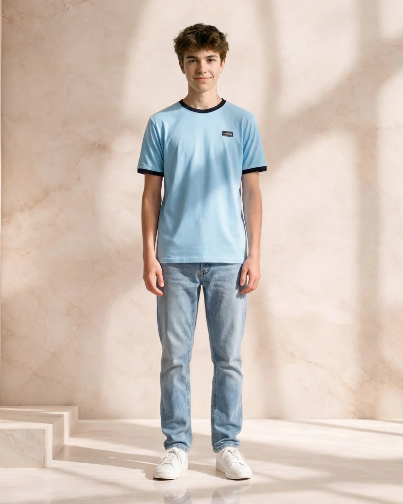Redtag Senior Boys Blue Stretch Ringer T-Shirt