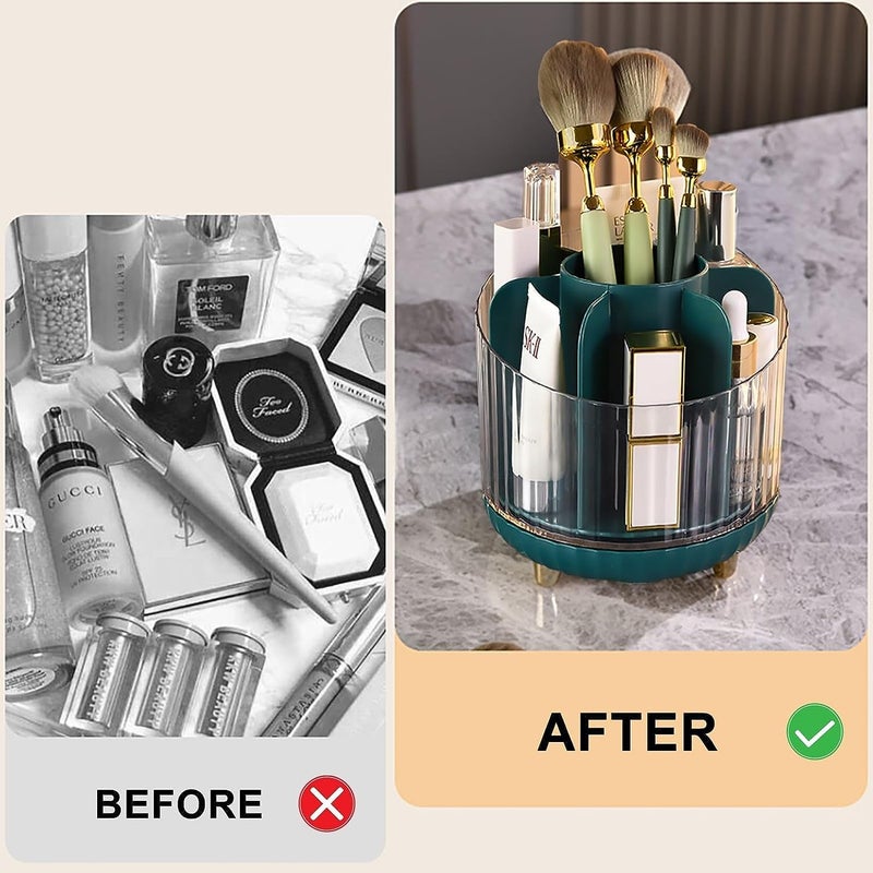 STAR WORK 360° Rotating Makeup Brush Holder With Lid - 7-Slot Organizer for Vanity Decor, Paint Brushes, Cosmetics - Green - Image 4