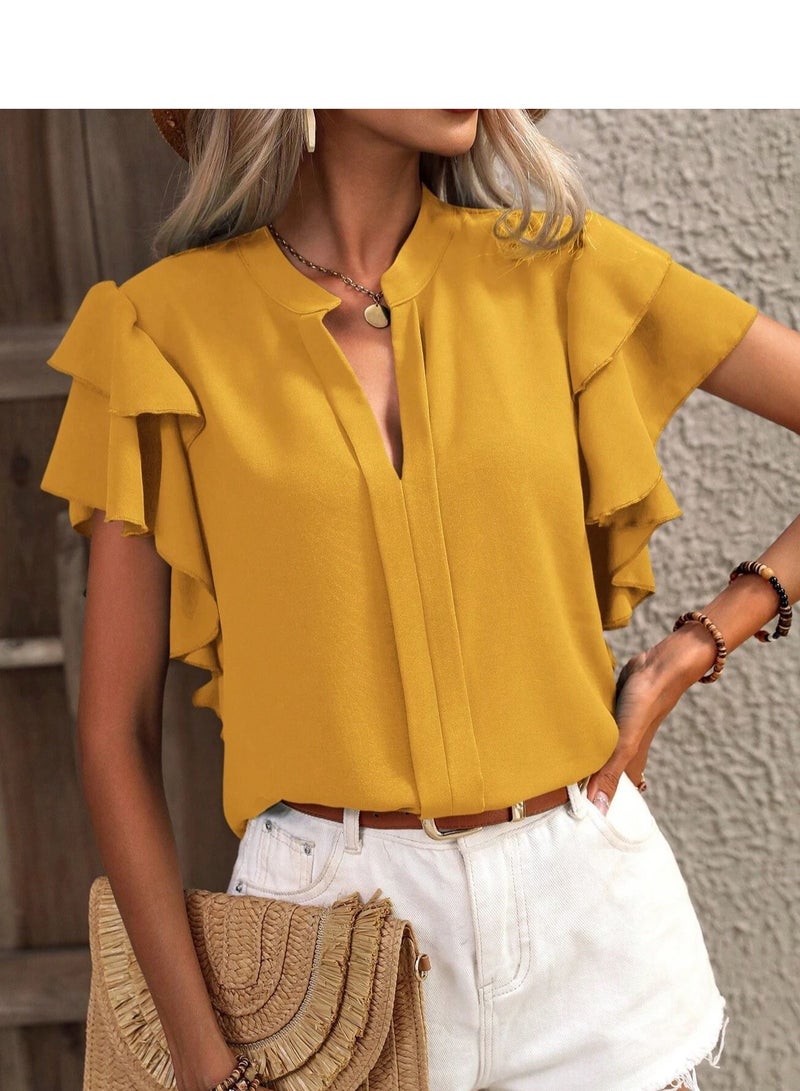 Shougu New V-neck Casual Solid Color Shirt Top  - Image 1