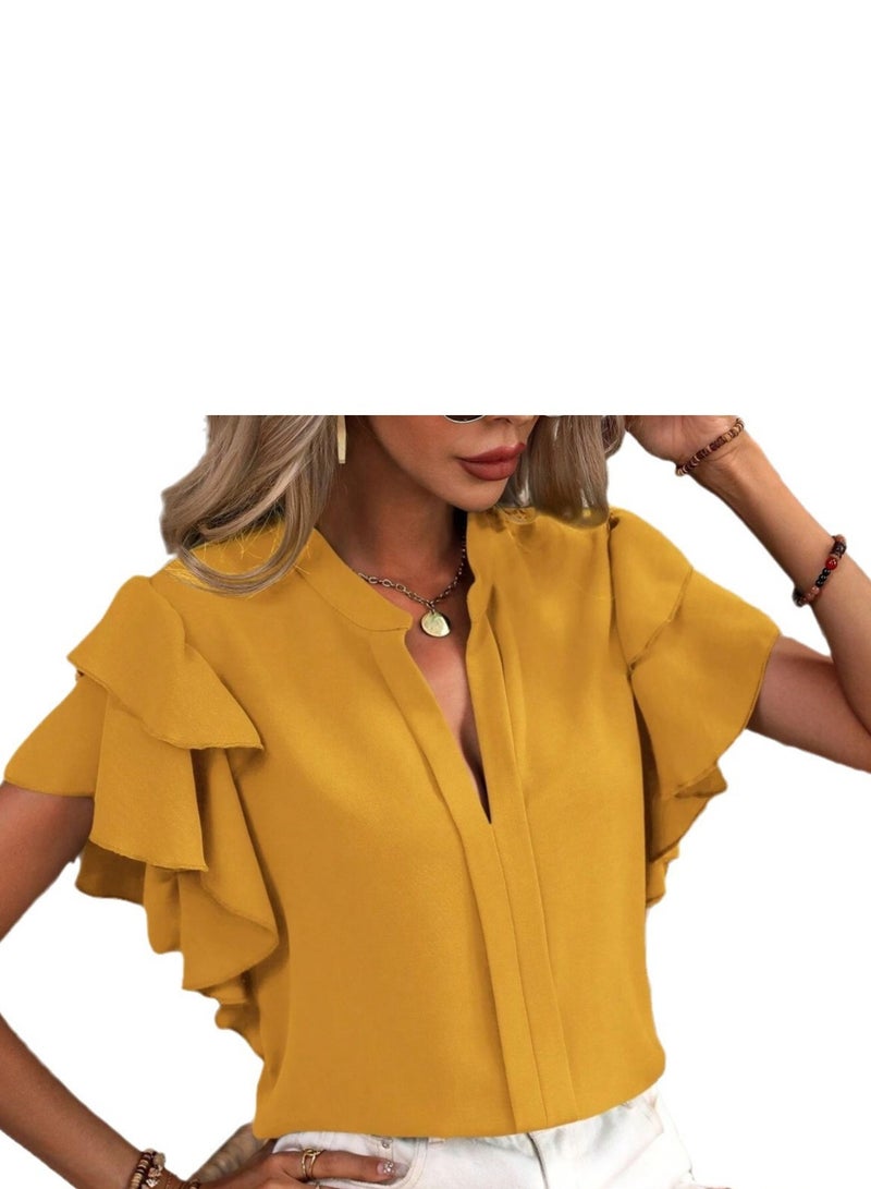 Shougu New V-neck Casual Solid Color Shirt Top  - Image 2