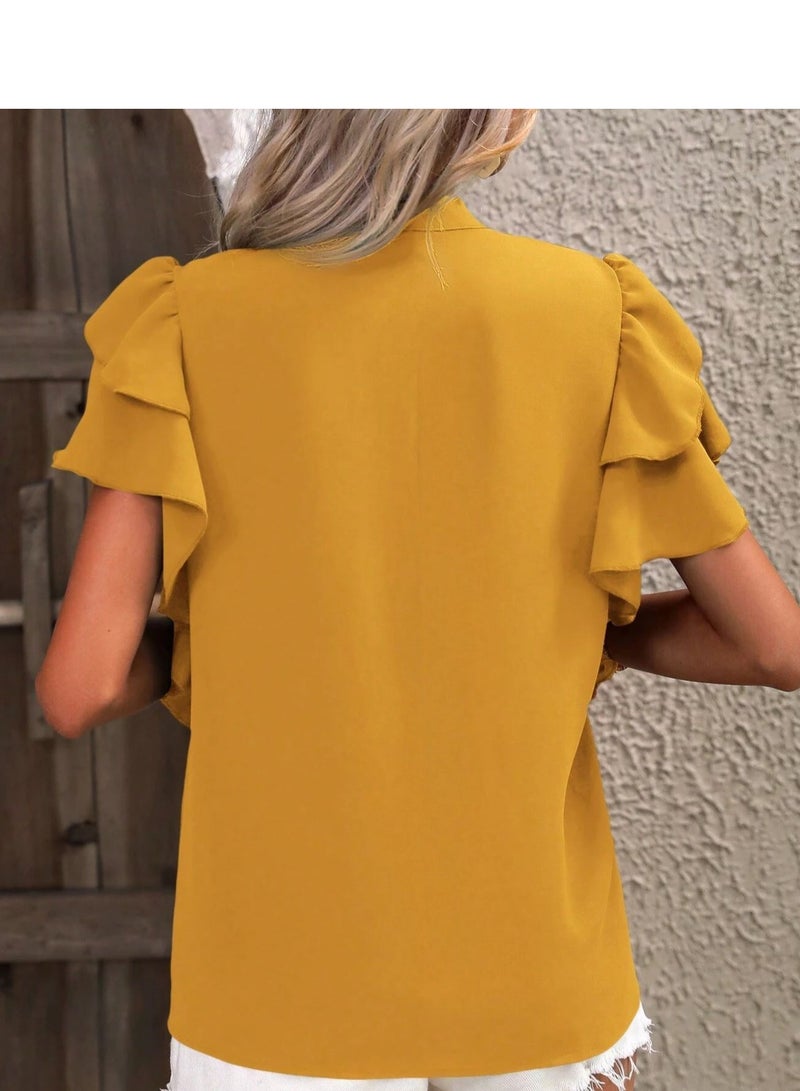 Shougu New V-neck Casual Solid Color Shirt Top  - Image 3