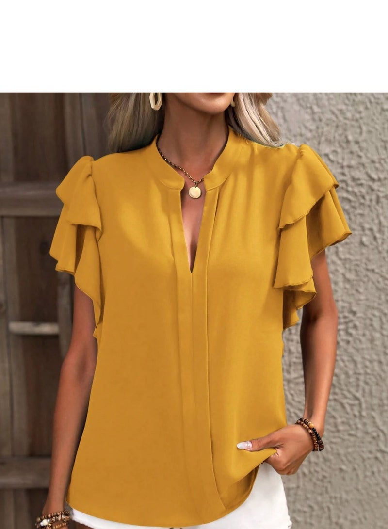 Shougu New V-neck Casual Solid Color Shirt Top  - Image 4