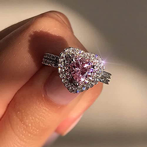 RKKOJJO 925 Sterling Silver Shiny Full Diamond Ring Cubic Zirconia Cocktail Rings CZ Diamond Ring Eternity Engagement Wedding Band Ring for Women Valentine's Day Gift Heart-Shaped Ring for Lovers (US Code 10) - Image 3