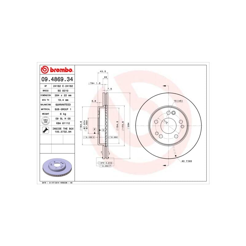 Brembo 09.4869.34 Standard vented Front Brake Rotor MERCEDES-BENZ OE# A1244211612 - Image 2