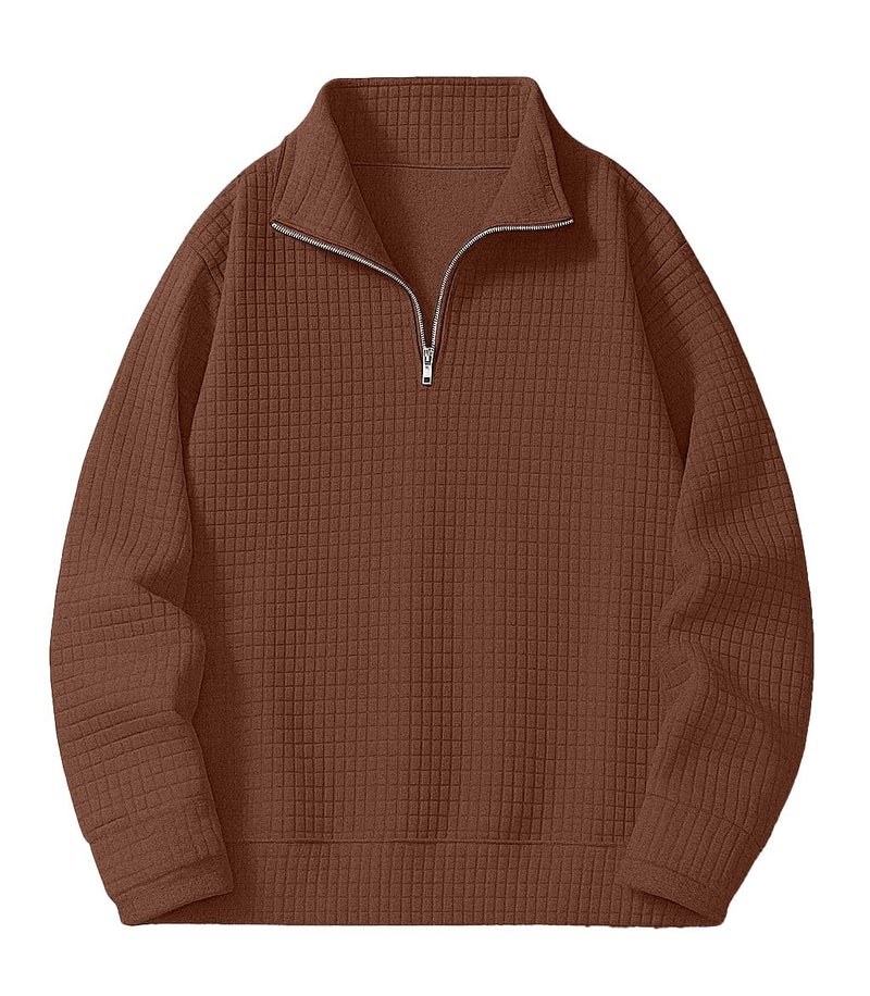 KAJARU Men's Textured Half-Zip Short Sleeve Sweatshirt - Casual Summer Pullover Top (in, Alpha, L, Regular, Coffee) - Image 1