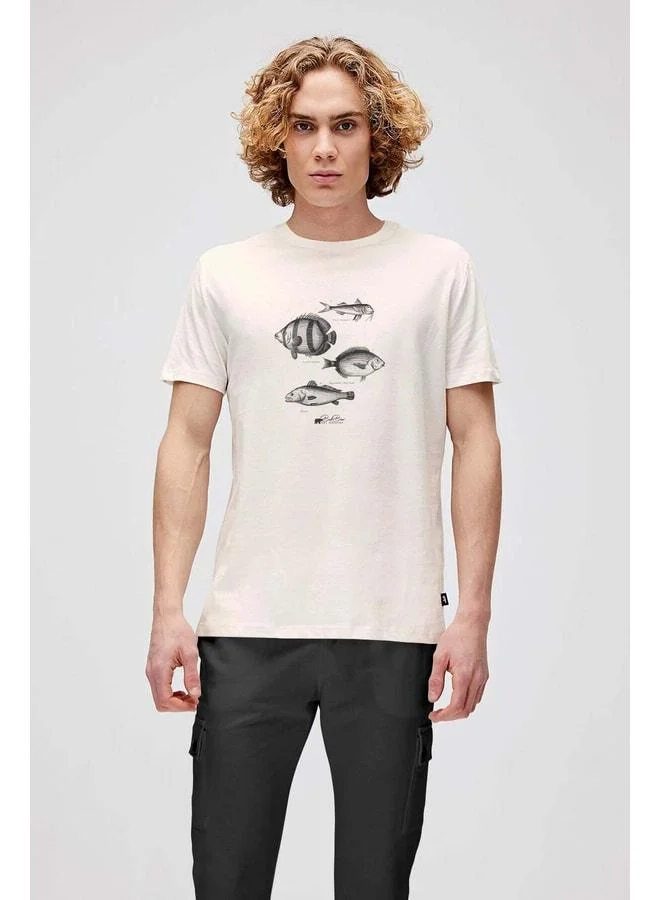 Bad Bear Drawing Fish White Men's Printed T-Shirt.