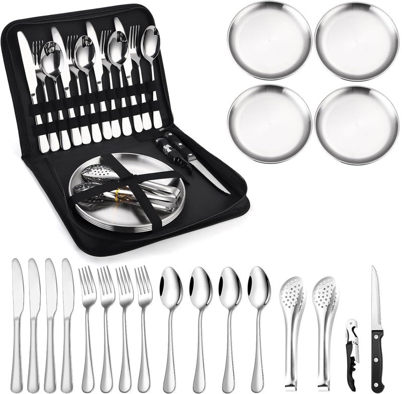 KEYOZA Camping Cutlery Set Outdoor Travel Cutlery with Forks Spoons Knives Bottle Openers Plates and Ideal for Outdoor Cookware Travel Hiking Camping Perfect for 4 People - Image 1